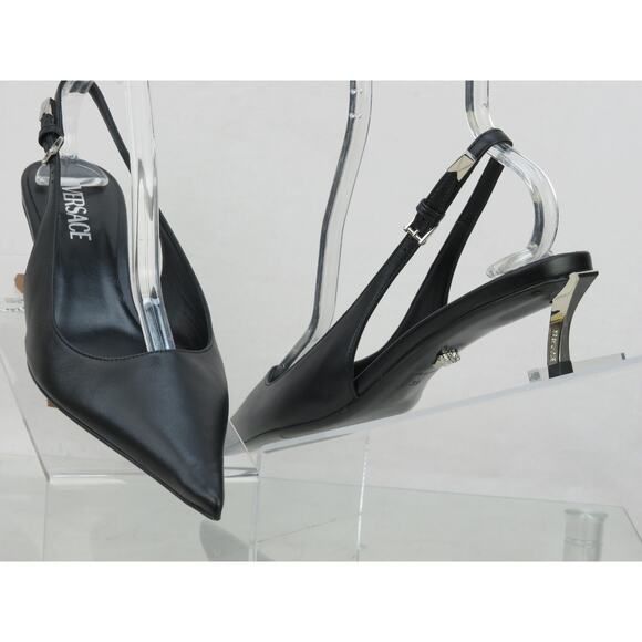 NIB VERSACE BLACK LEATHER SILVER MEDUSA LOGO SANDALS KITTEN HEEL PUMPS 41 US 11 - Picture 5 of 12